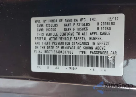 2013 Honda Accord Ex-L z USA, uszkodzony, nr VIN 1HGCT1B84DA007063